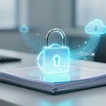 A digital padlock icon hovers above a stack of documents on a desk, with lines connecting to cloud icons, symbolizing data security.