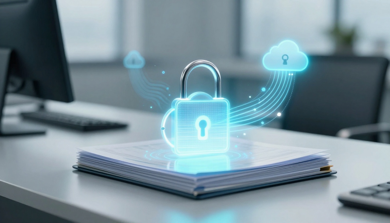 A digital padlock icon hovers above a stack of documents on a desk, with lines connecting to cloud icons, symbolizing data security.