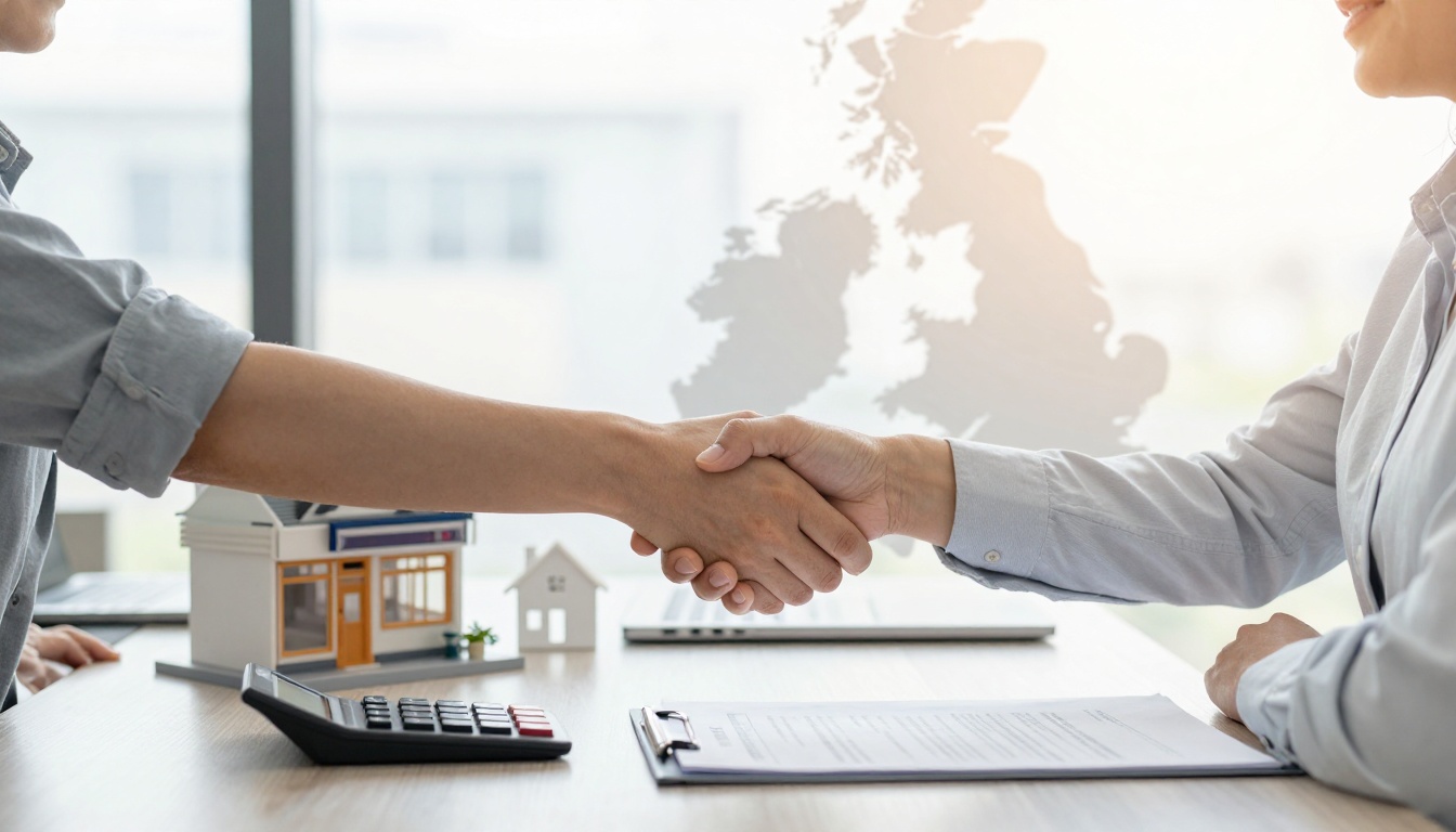 Two people in business attire shake hands over a desk with a contract, calculator, and model houses. A map is visible in the background.