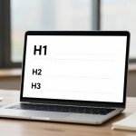 A laptop on a wooden desk displays text labeled H1, H2, H3. A steaming cup of coffee is on the left, and a notebook with a pen is on the right.