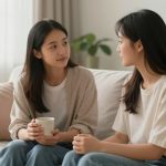 Two women sitting on a beige sofa, engaged in conversation. One holds a white mug. A window and potted plant are in the background.