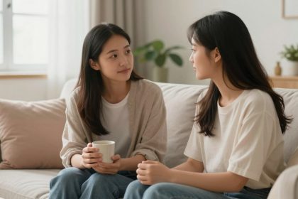 Two women sitting on a beige sofa, engaged in conversation. One holds a white mug. A window and potted plant are in the background.