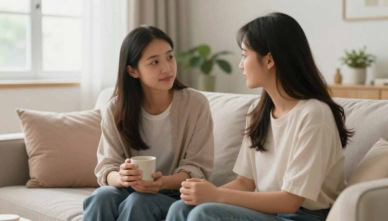 Two women sitting on a beige sofa, engaged in conversation. One holds a white mug. A window and potted plant are in the background.