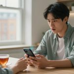 A man with a surprised expression holds a smartphone at a kitchen table. A woman sits across, with a cup of tea in front of her.