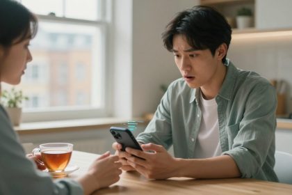 A man with a surprised expression holds a smartphone at a kitchen table. A woman sits across, with a cup of tea in front of her.