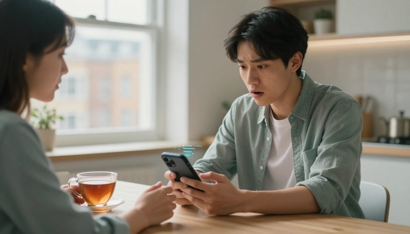 A man with a surprised expression holds a smartphone at a kitchen table. A woman sits across, with a cup of tea in front of her.