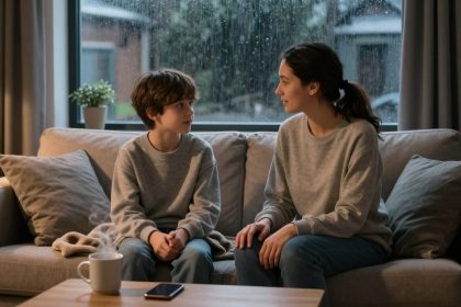 A woman and a child sit on a sofa in a cozy living room, both wearing gray sweaters. They are engaged in conversation, with a rainy window in the background. A coffee mug and a smartphone are on the wooden table in front of them.