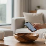 A person in white holds a smartphone in a modern living room. A wooden bowl and white mug are on the wooden coffee table.