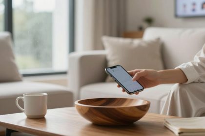 A person in white holds a smartphone in a modern living room. A wooden bowl and white mug are on the wooden coffee table.