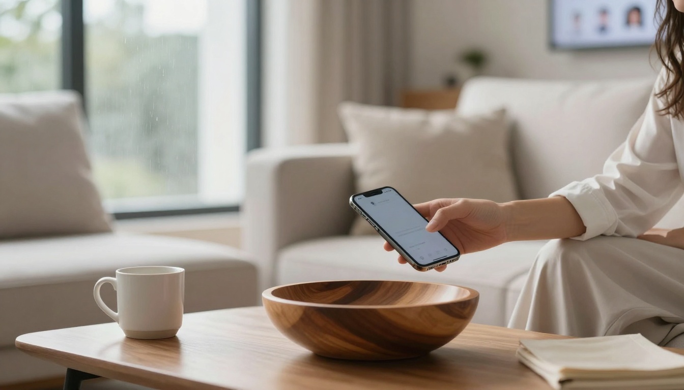 A person in white holds a smartphone in a modern living room. A wooden bowl and white mug are on the wooden coffee table.