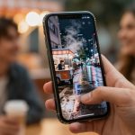 A hand holding a smartphone displaying a night scene with a food cart on a wet street. Two blurred people in the background.