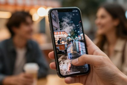 A hand holding a smartphone displaying a night scene with a food cart on a wet street. Two blurred people in the background.