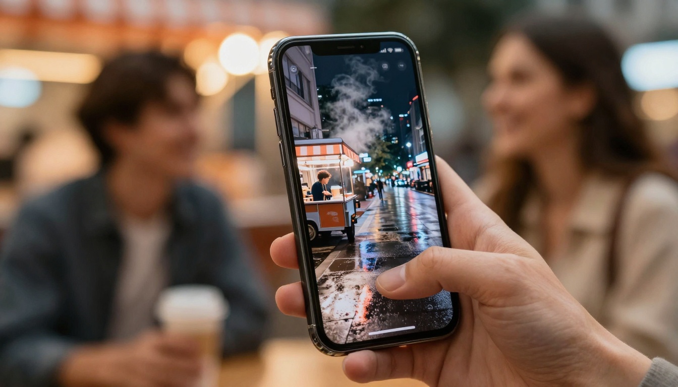 A hand holding a smartphone displaying a night scene with a food cart on a wet street. Two blurred people in the background.