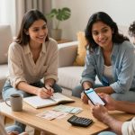 A group of three women and one man sit around a coffee table, discussing. The table holds a calculator, currency notes, and a smartphone. One woman takes notes in a notebook. They are in a living room with a sofa, plant, and window in the background.