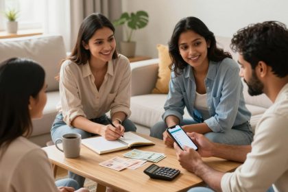 A group of three women and one man sit around a coffee table, discussing. The table holds a calculator, currency notes, and a smartphone. One woman takes notes in a notebook. They are in a living room with a sofa, plant, and window in the background.