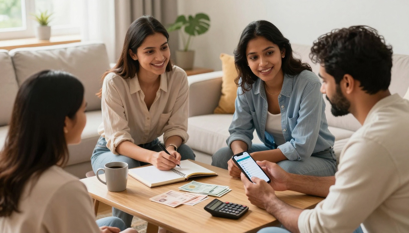 A group of three women and one man sit around a coffee table, discussing. The table holds a calculator, currency notes, and a smartphone. One woman takes notes in a notebook. They are in a living room with a sofa, plant, and window in the background.
