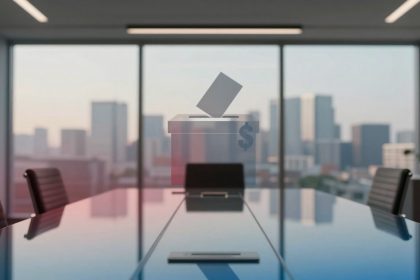 A conference room with a glossy table, leather chairs, and cityscape view through large windows. A transparent ballot box icon with a dollar sign overlays the scene.