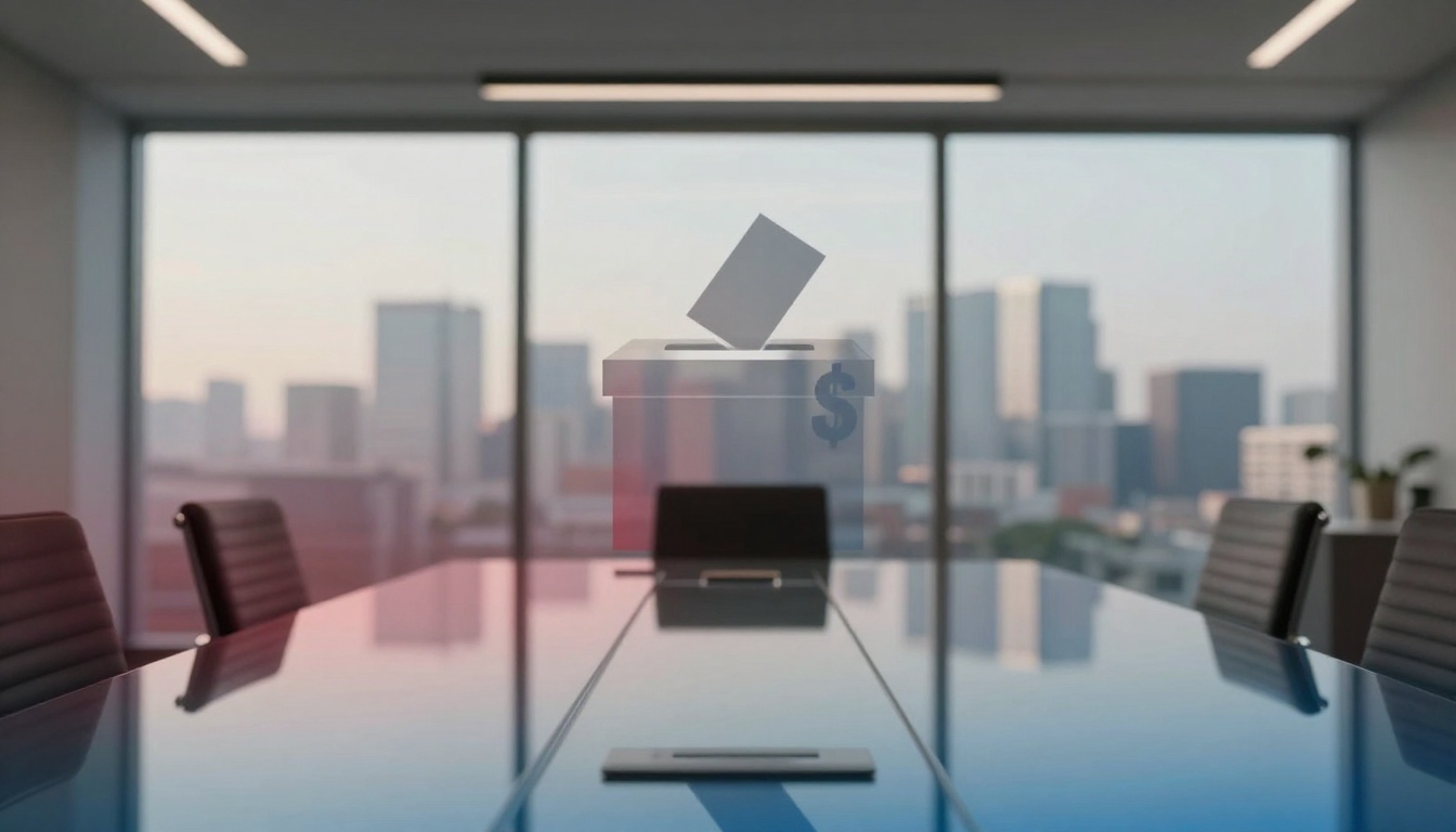 A conference room with a glossy table, leather chairs, and cityscape view through large windows. A transparent ballot box icon with a dollar sign overlays the scene.