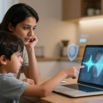 A woman and a child are sitting at a table, looking at a laptop displaying sound wave graphics and digital icons. The child points at the screen. The background shows a kitchen with soft lighting.