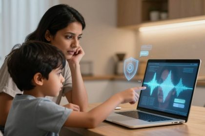 A woman and a child are sitting at a table, looking at a laptop displaying sound wave graphics and digital icons. The child points at the screen. The background shows a kitchen with soft lighting.