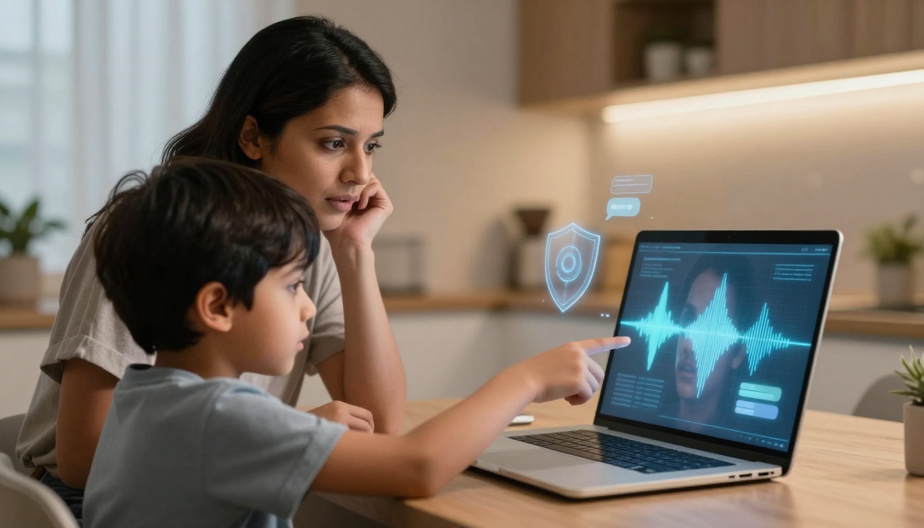 A woman and a child are sitting at a table, looking at a laptop displaying sound wave graphics and digital icons. The child points at the screen. The background shows a kitchen with soft lighting.