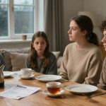 Four children sit at a wooden table with a kettle, teacups, and a document. They look serious, with a window showing rainy weather.