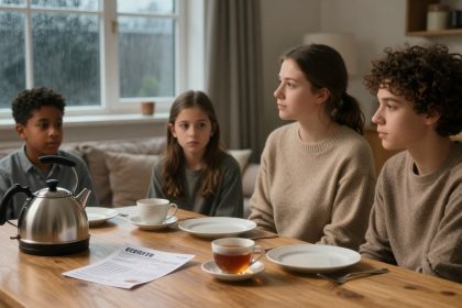 Four children sit at a wooden table with a kettle, teacups, and a document. They look serious, with a window showing rainy weather.