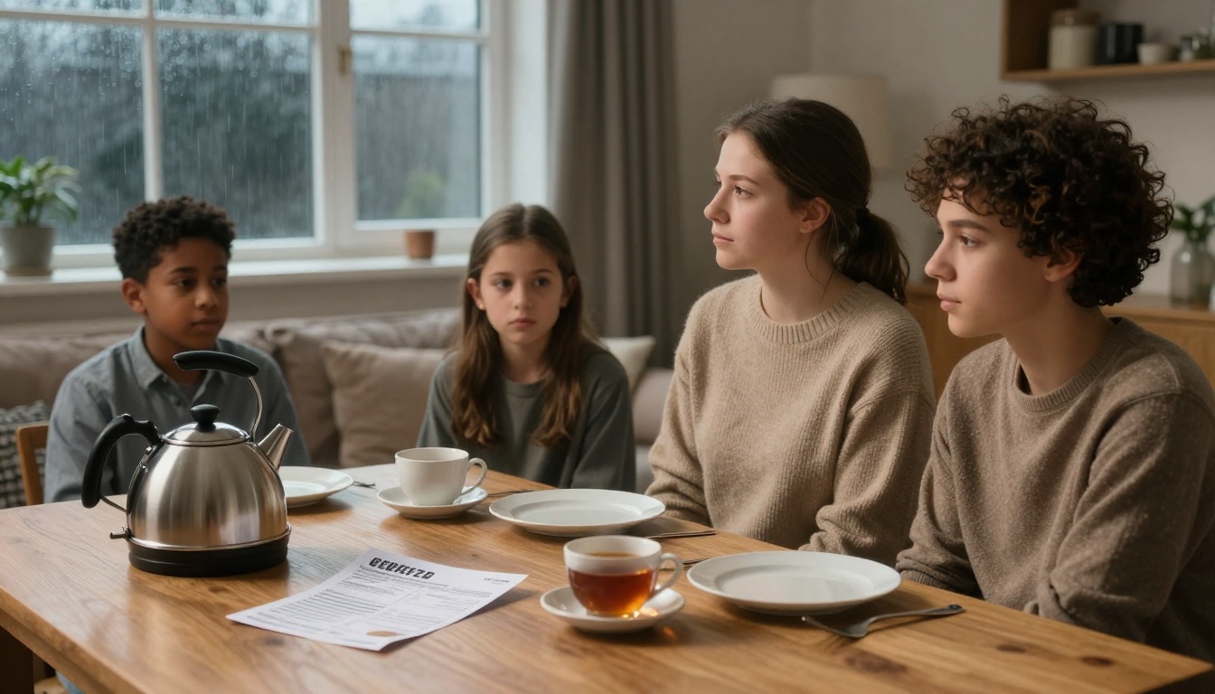 Four children sit at a wooden table with a kettle, teacups, and a document. They look serious, with a window showing rainy weather.