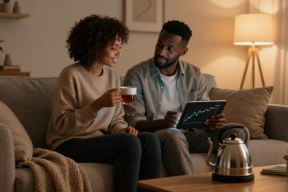 A couple sits on a sofa in a cozy living room. The woman holds a cup of tea, while the man shows her a tablet displaying a graph. A kettle is on the coffee table, and a lamp softly illuminates the room.