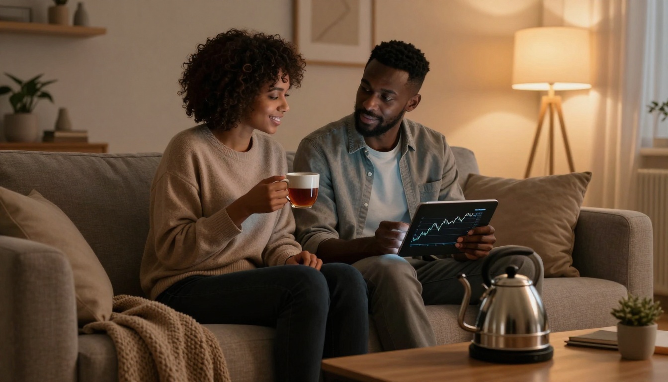 A couple sits on a sofa in a cozy living room. The woman holds a cup of tea, while the man shows her a tablet displaying a graph. A kettle is on the coffee table, and a lamp softly illuminates the room.
