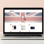 A laptop on a white table displays a website with the Union Jack flag and a magnifying glass icon. Below are images of smartphones and a laptop. A coffee cup, notebook, and smartphone are beside the laptop.