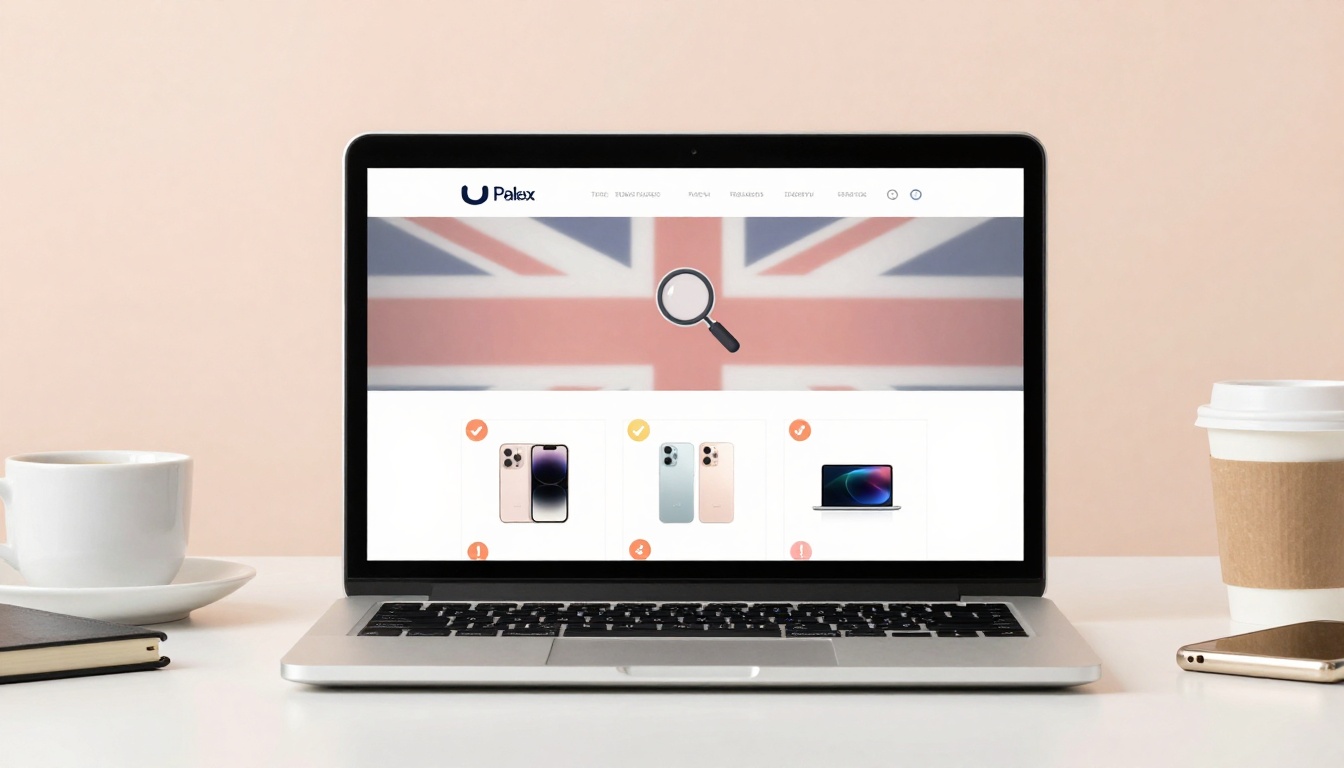 A laptop on a white table displays a website with the Union Jack flag and a magnifying glass icon. Below are images of smartphones and a laptop. A coffee cup, notebook, and smartphone are beside the laptop.