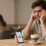 A man with curly hair sits at a cafe table, looking stressed, holding his head. A smartphone with a thumbs-up emoji is in front of him, next to a latte. Blurred background shows other patrons.