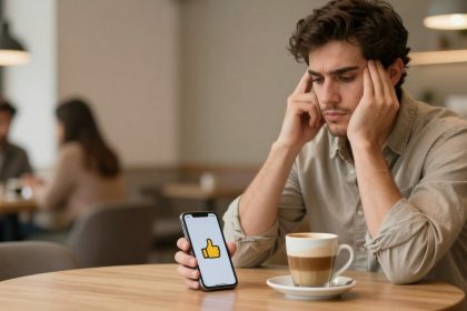 A man with curly hair sits at a cafe table, looking stressed, holding his head. A smartphone with a thumbs-up emoji is in front of him, next to a latte. Blurred background shows other patrons.