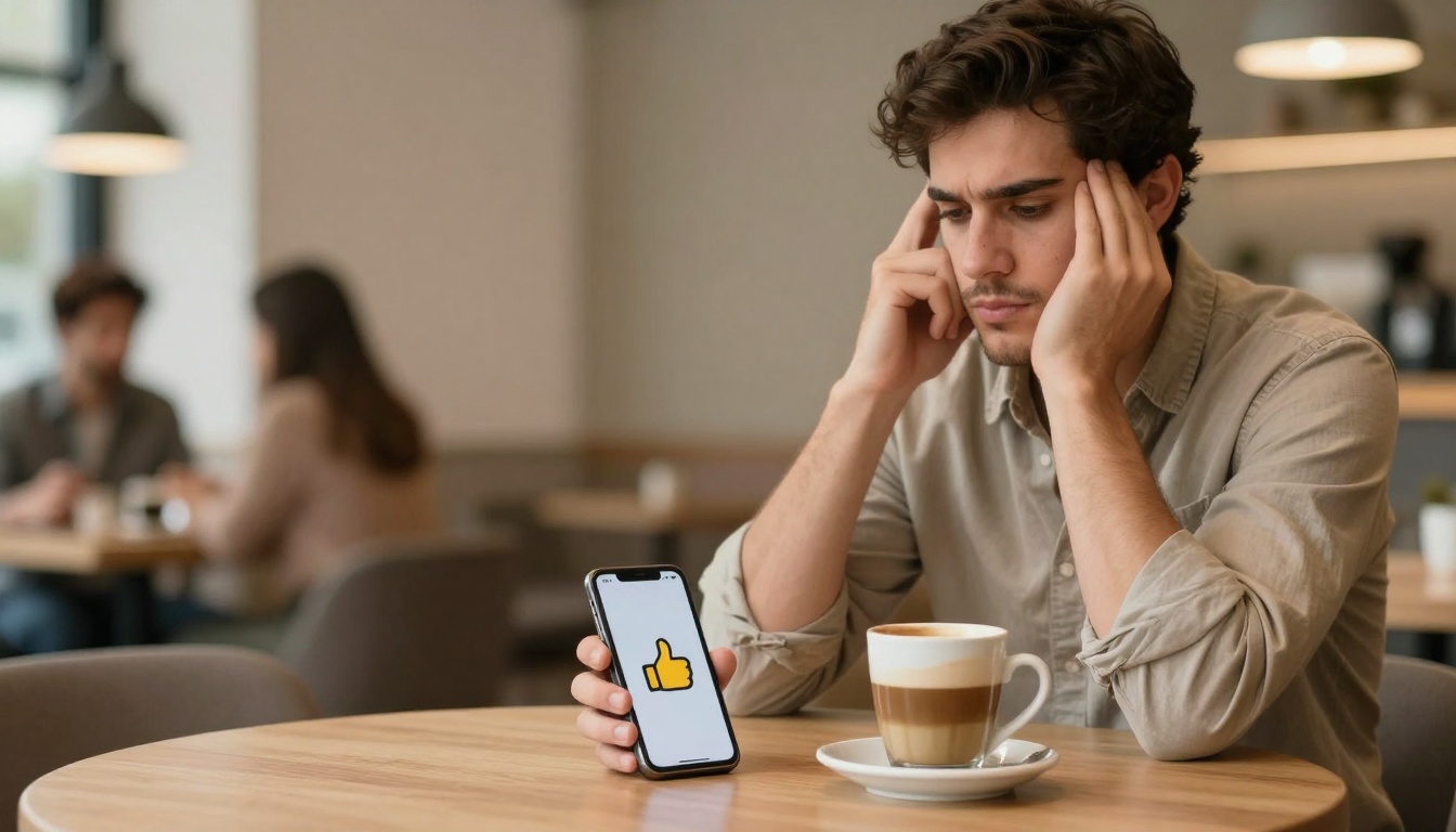 A man with curly hair sits at a cafe table, looking stressed, holding his head. A smartphone with a thumbs-up emoji is in front of him, next to a latte. Blurred background shows other patrons.