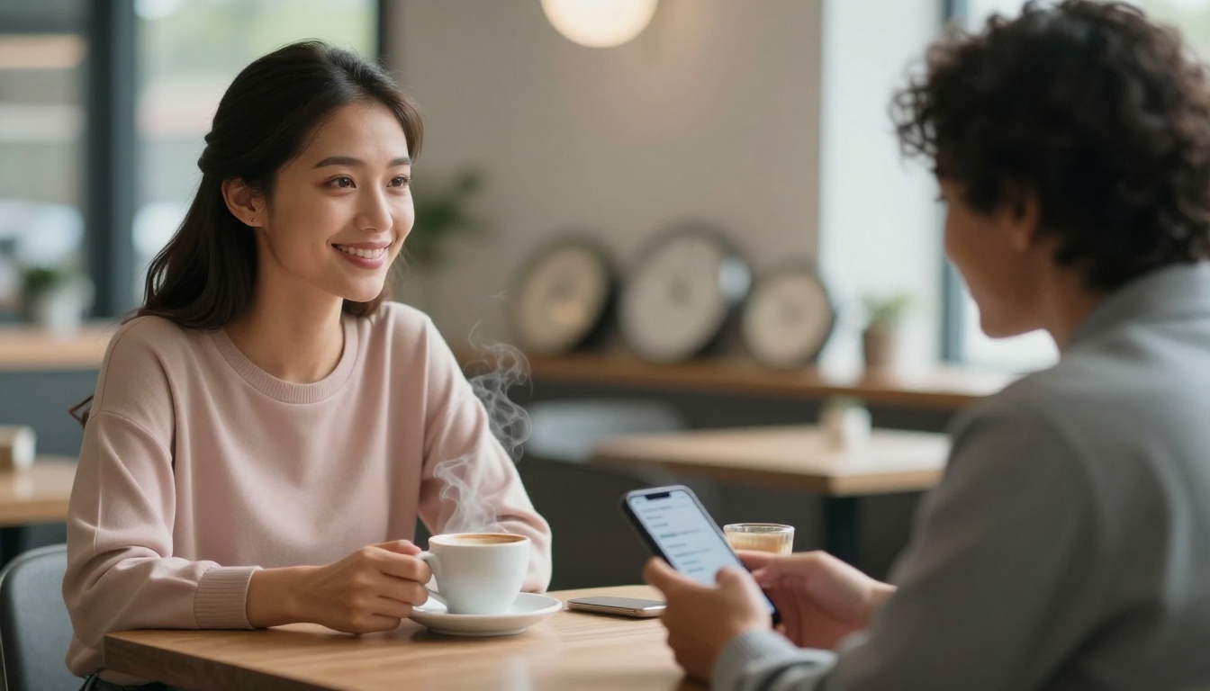 A woman in a pink sweater smiles while holding a steaming cup of coffee in a cafe. Another person is using a smartphone across the table.