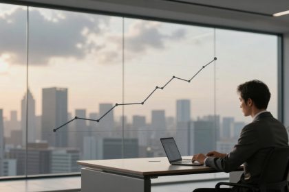 A person in a suit works on a laptop at a desk in a modern office. A rising line graph is visible on the window, with a cityscape in the background.
