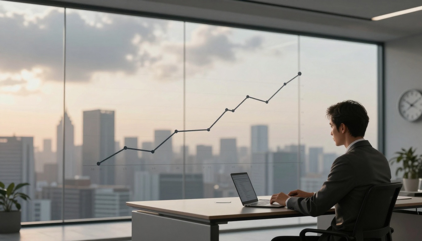 A person in a suit works on a laptop at a desk in a modern office. A rising line graph is visible on the window, with a cityscape in the background.