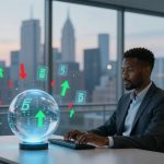 A man in a suit types on a keyboard in an office with cityscape views. A glowing digital sphere with green and red arrows floats nearby.