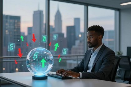 A man in a suit types on a keyboard in an office with cityscape views. A glowing digital sphere with green and red arrows floats nearby.