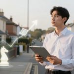 A man in a white shirt holds a tablet, standing on a residential street. A digital overlay shows a rising line graph, a document icon, and a chess knight.