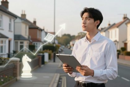 A man in a white shirt holds a tablet, standing on a residential street. A digital overlay shows a rising line graph, a document icon, and a chess knight.