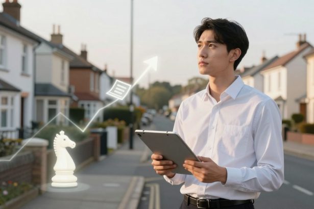 A man in a white shirt holds a tablet, standing on a residential street. A digital overlay shows a rising line graph, a document icon, and a chess knight.