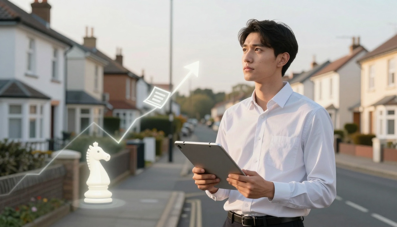 A man in a white shirt holds a tablet, standing on a residential street. A digital overlay shows a rising line graph, a document icon, and a chess knight.