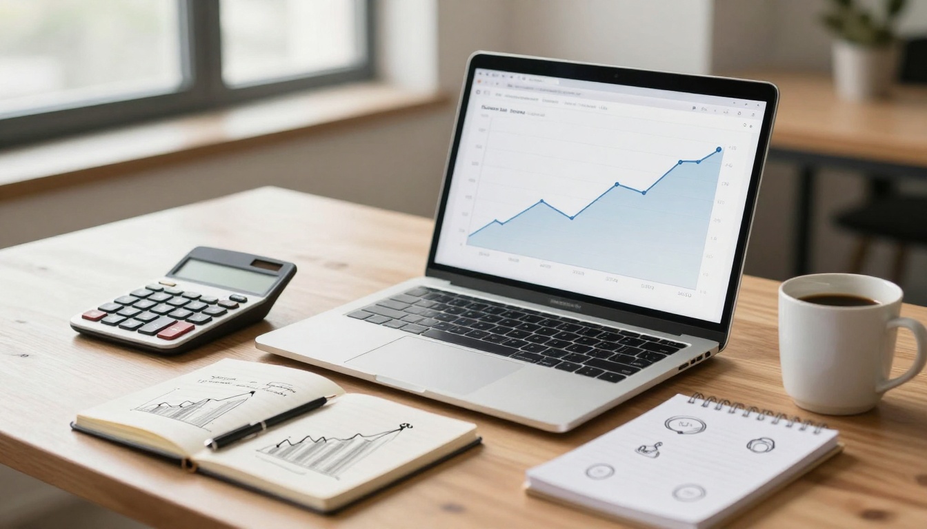 A laptop displaying a line graph sits on a wooden table. Nearby are a calculator, an open notebook with graphs, and a coffee mug.
