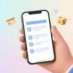 A hand holding a smartphone displaying a blurred list with icons. Surrounding are floating icons of a credit card, chat bubble, and box.