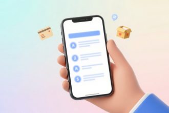 A hand holding a smartphone displaying a blurred list with icons. Surrounding are floating icons of a credit card, chat bubble, and box.