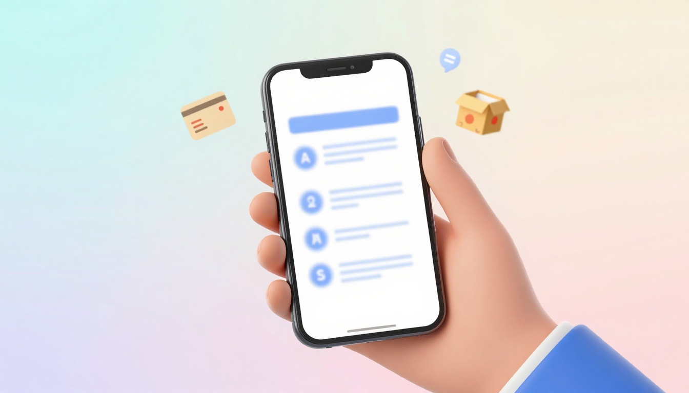 A hand holding a smartphone displaying a blurred list with icons. Surrounding are floating icons of a credit card, chat bubble, and box.
