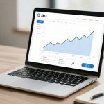 A laptop on a wooden desk displays an upward-trending graph labeled "SEO." A white coffee mug and a notebook with a pen are nearby.