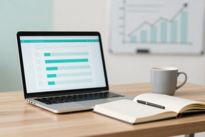 A laptop displaying a bar chart sits on a wooden desk alongside an open notebook with a pen and a gray mug. A blurred graph is on a background board.